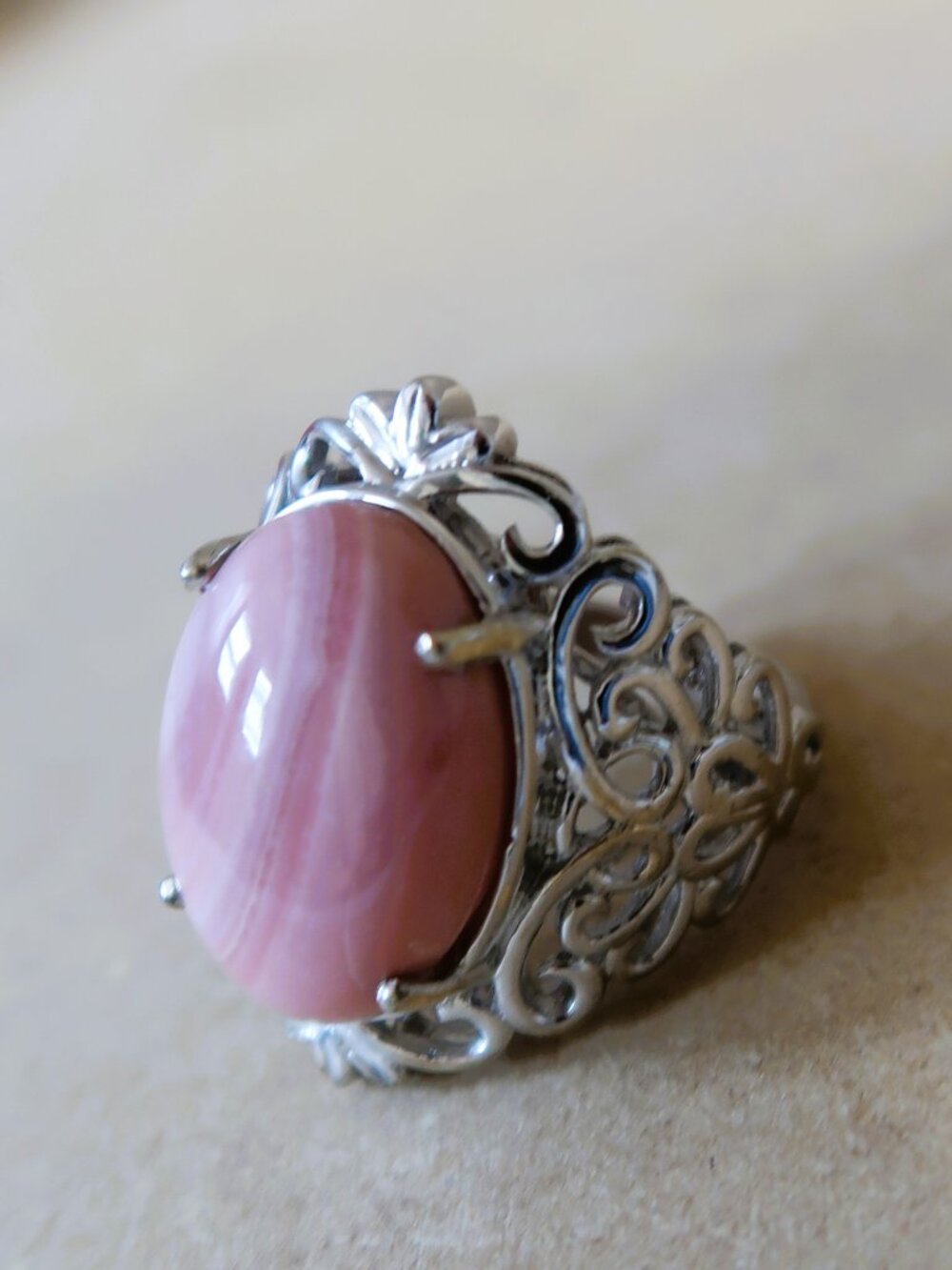 STS Chunky Oval Pink Swirl Dreamy Ring 925 Silver Filigree Size 5.75